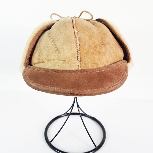 Vintage Brown Shearling Sheepskin Leather Trapper Earflap Hat - Picture 5 of 9